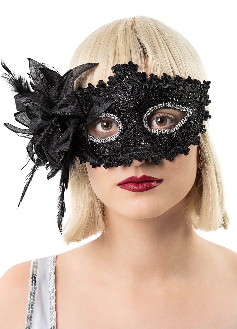 Maska karnawaowa byszczca z kwiatem czarna