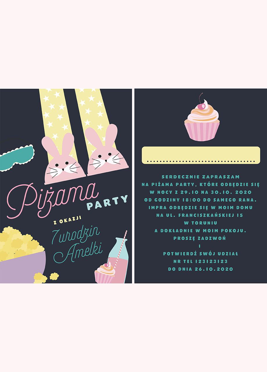 Urodzinowe zaproszenia na PIAMA PARTY personalizowane