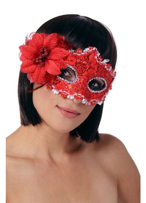 Maska karnawałowa błyszcząca z kwiatem czerwona