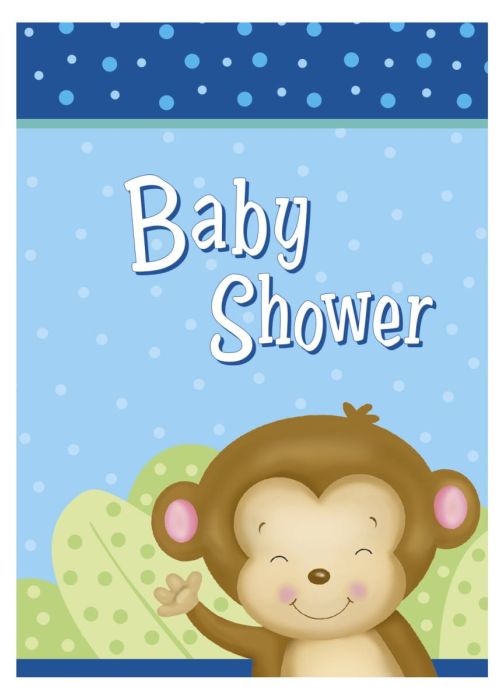 Zaproszenia na Baby Shower niebieskie MAŁPKI (8szt.)