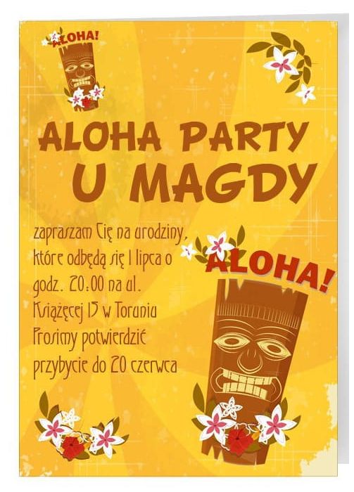Zaproszenia personalizowane ALOHA na urodziny w stylu hawajskim