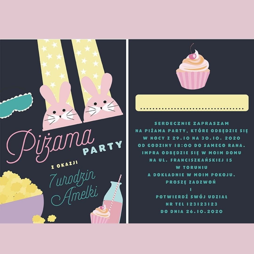 Urodzinowe zaproszenia na PIAMA PARTY personalizowane
