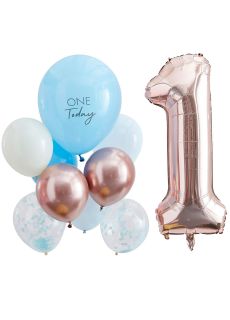 Zestaw balon�w na roczek BLUE AND ROSE GOLD (10szt.)