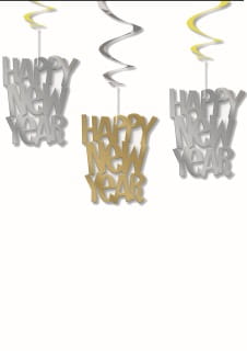 Dekoracja wiszca sylwestrowa HAPPY NEW YEAR widerki  (3szt.)