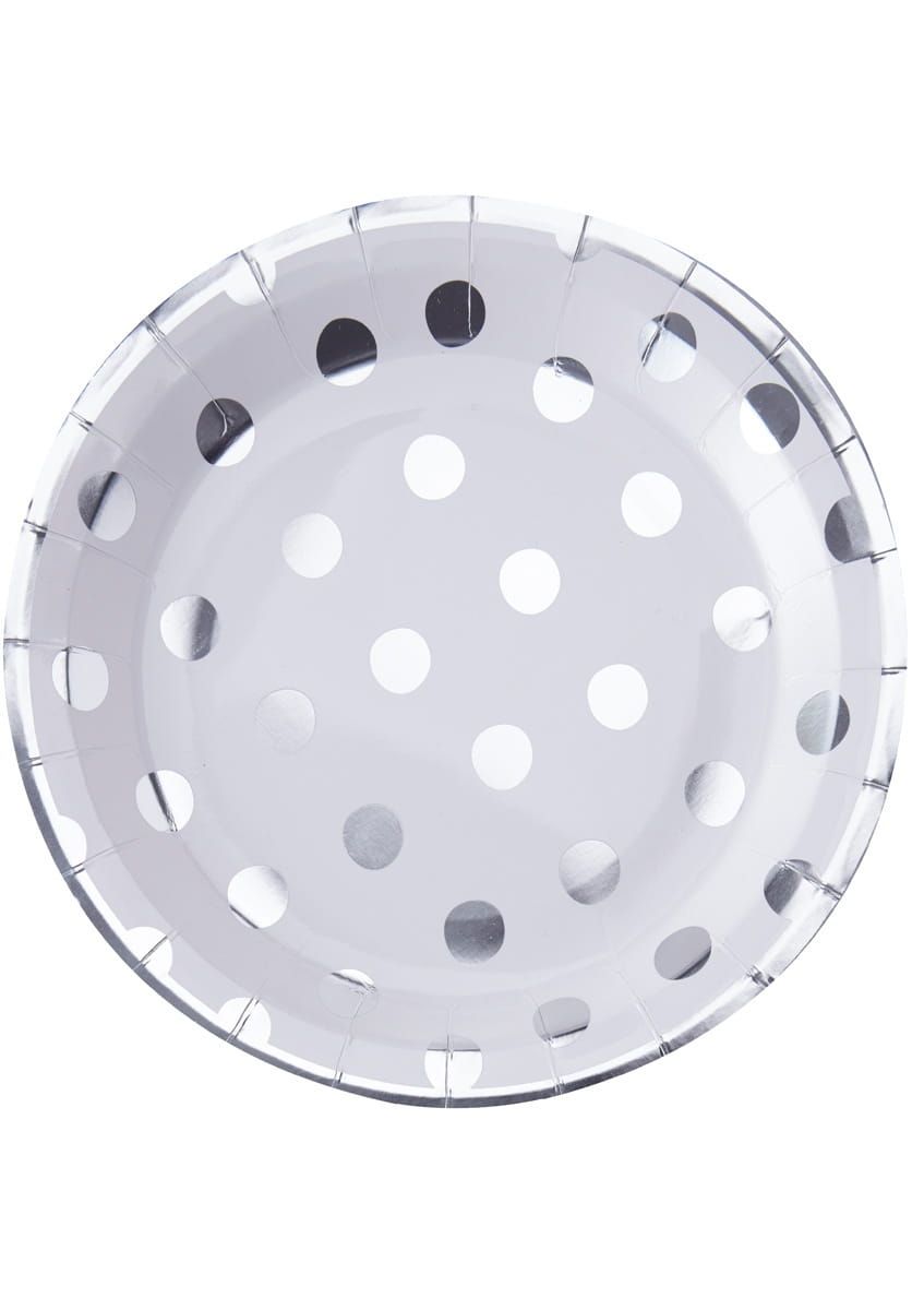 Jednorazowe talerzyki białe w kropki srebrne DOTS 23cm (8szt.)