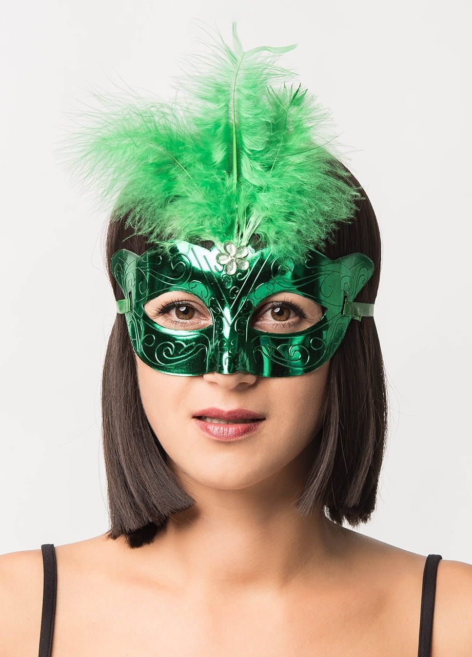 Maska karnawałowa zielona z piórami
