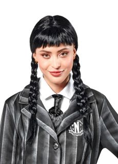 Peruka WEDNESDAY z grzywk� czarna peruka z warkoczami przebranie Wednesday peruka z grzywk�