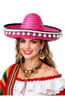 Sombrero z pomponikami damskie r�owe