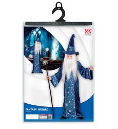 Str�j CZARODZIEJA Merlin 128cm kostium czarodzieja dzieci�cy niebieski gwiazdy kapelusz broda
