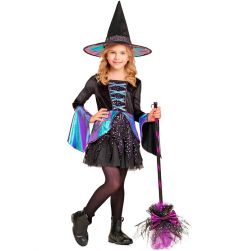 Str�j na Halloween CZAROWNICA 116cm czarna sukienka z kolorowymi detalami i kapeluszem
