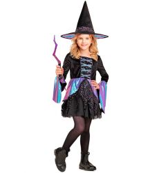 Str�j na Halloween CZAROWNICA 140cm czarna sukienka z kolorowymi detalami i kapeluszem