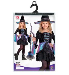 Str�j na Halloween CZAROWNICA 140cm czarna sukienka z kolorowymi detalami i kapeluszem