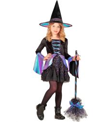 Str�j na Halloween CZAROWNICA 158cm czarna sukienka z kolorowymi detalami i kapeluszem