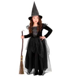 Str�j CZAROWNICA sukienka na Halloween 128cm czarna sukienka z kapeluszem