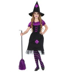 CZAROWNICA str�j dla dzieci 140cm czarno fioletowy kostium halloween z kapeluszem