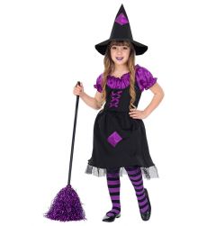 CZAROWNICA str�j dla dzieci 140cm czarno fioletowy kostium halloween z kapeluszem