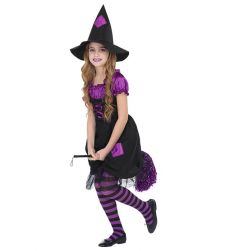 CZAROWNICA str�j dla dzieci 140cm czarno fioletowy kostium halloween z kapeluszem