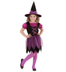 Str�j CZAROWNICA czarno - r�owy 104cm kostium halloween dla dziewczynki z kapeluszem