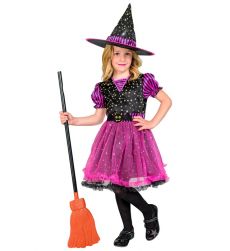 Str�j UROCZA CZAROWNICA r�owy 104cm kostium halloween dla dziewczynki z kapeluszem