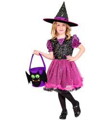 Str�j UROCZA CZAROWNICA r�owy 128cm kostium halloween dla dziewczynki z kapeluszem