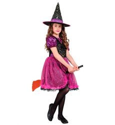 Str�j UROCZA CZAROWNICA r�owy 140cm kostium halloween dla dziewczynki z kapeluszem