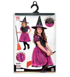 Str�j UROCZA CZAROWNICA r�owy 140cm kostium halloween dla dziewczynki z kapeluszem