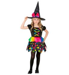 Str�j CZAROWNICA przebranie na Halloween dla dziewczynki 104cm kolorowy kostium w kropki