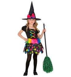 Str�j CZAROWNICA przebranie na Halloween dla dziewczynki 104cm kolorowy kostium w kropki