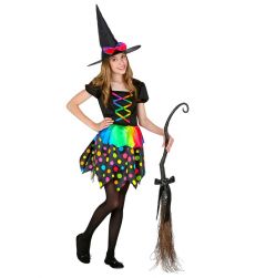 Str�j CZAROWNICA przebranie na Halloween dla dziewczynki 116cm kolorowy kostium w kropki