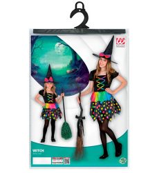 Str�j CZAROWNICA przebranie na Halloween dla dziewczynki 140cm kolorowy kostium w kropki