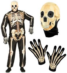 Str�j ko�ciotrupa dla doros�ych XL kostium halloween czarny z nadrukiem ko�ci