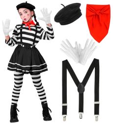 Str�j MIM dla dzieci - 158cm kostium pantomima czarno bia�y beret r�kawiczki