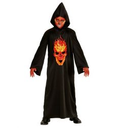 Kostium DIAB�A Halloween str�j dla dzieci 158cm czarna szata z ognist� czaszk�