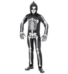 Str�j SZKIELET z kapturem 140cm czarny kostium halloween z nadrukiem ko�ci