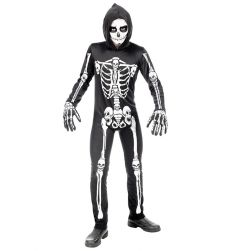 Str�j SZKIELET z kapturem 140cm czarny kostium halloween z nadrukiem ko�ci