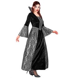Str�j na Halloween KR�LOWA WAMPIR�W XS d�uga czarno srebrna suknia