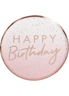 Talerzyki jednorazowe na urodziny HAPPY BIRTHDAY rowe zoto 24cm (8szt.)