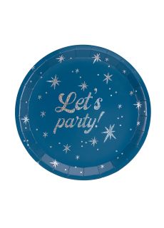 Granatowe talerzyki z holograficznym napisem LETS PARTY 6 szt. talerzyki imprezowe talerzyki dekoracyjne
