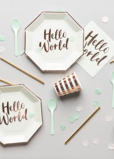 Talerzyki papierowe na Baby Shower HELLO WORLD 23cm (8szt.)