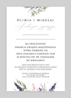 Zaproszenie �lubne LAWENDOWE z personalizacj�