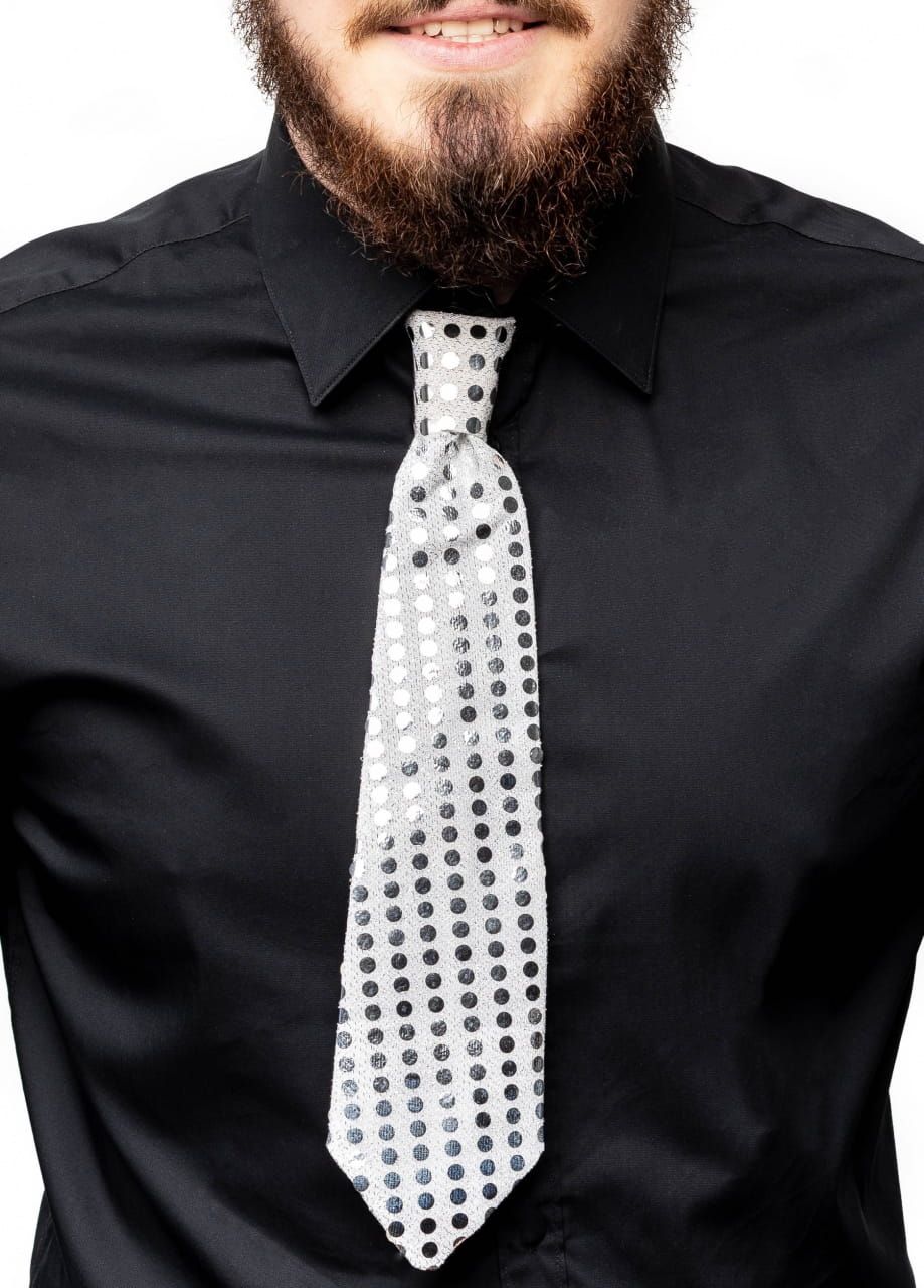 Krawat cekinowy SREBRNY na gumce
