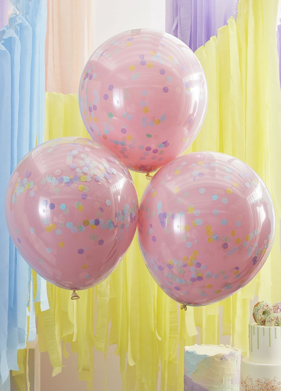 Balony z konfetti w środku PINK AND PASTEL RAINBOW (3szt.)