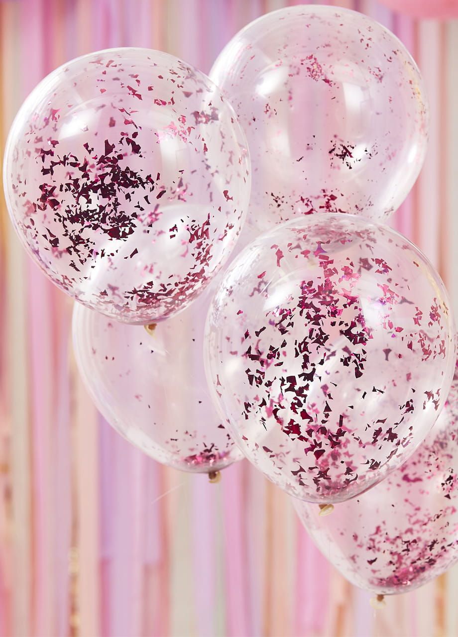 Urodzinowe balony z KONFETTI różowym (5szt.)