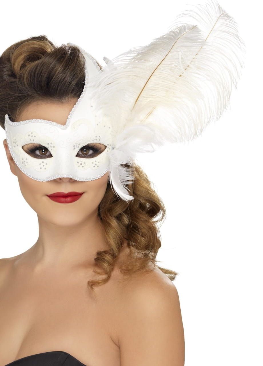 Maska karnawałowa biała z piórami