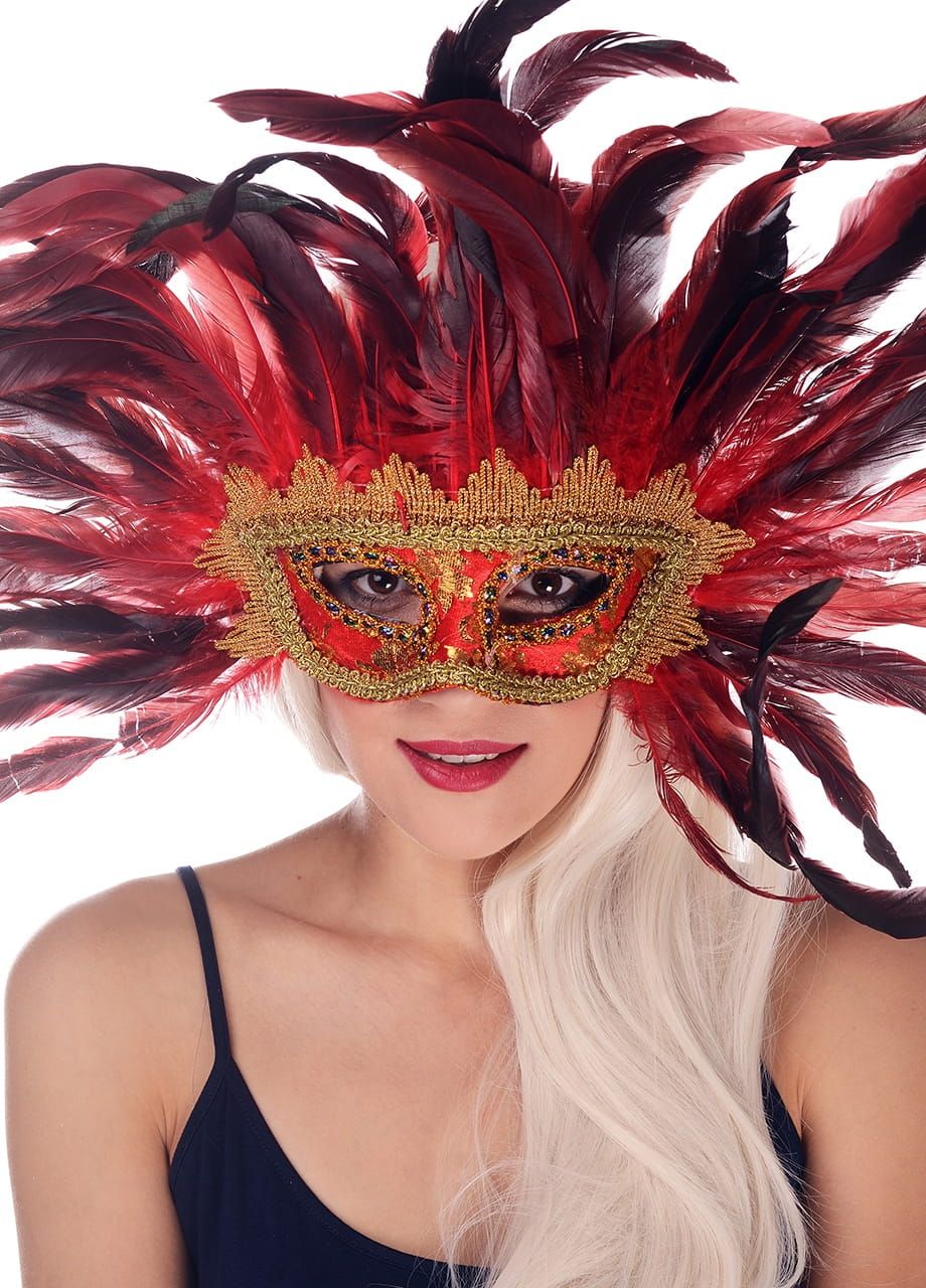 Maska karnawałowa z długimi piórami czerwona