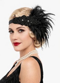 Opaska czarna CHARLESTON z pi�rami opaska na g�ow� lata 20 opaska na w�osy czarna z pi�rami