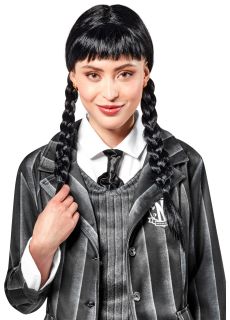 Peruka WEDNESDAY z grzywk� czarna peruka z warkoczami przebranie Wednesday peruka z grzywk�