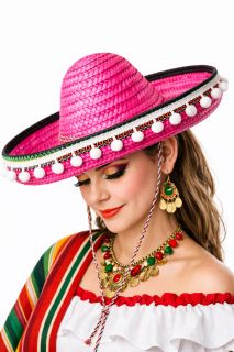 Sombrero z pomponikami damskie r�owe