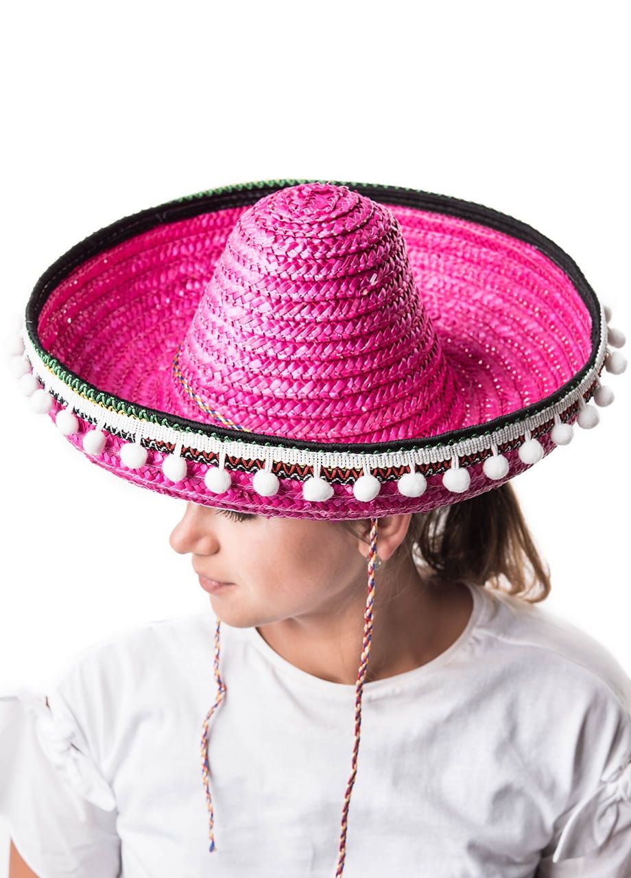 Sombrero z pomponikami damskie różowe