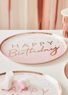 Talerzyki jednorazowe na urodziny HAPPY BIRTHDAY rowe zoto 24cm (8szt.)